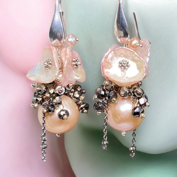 Pink Edison Pearl Cluster Earrings Blush Pink Keishi and Black Pyrite, French Style