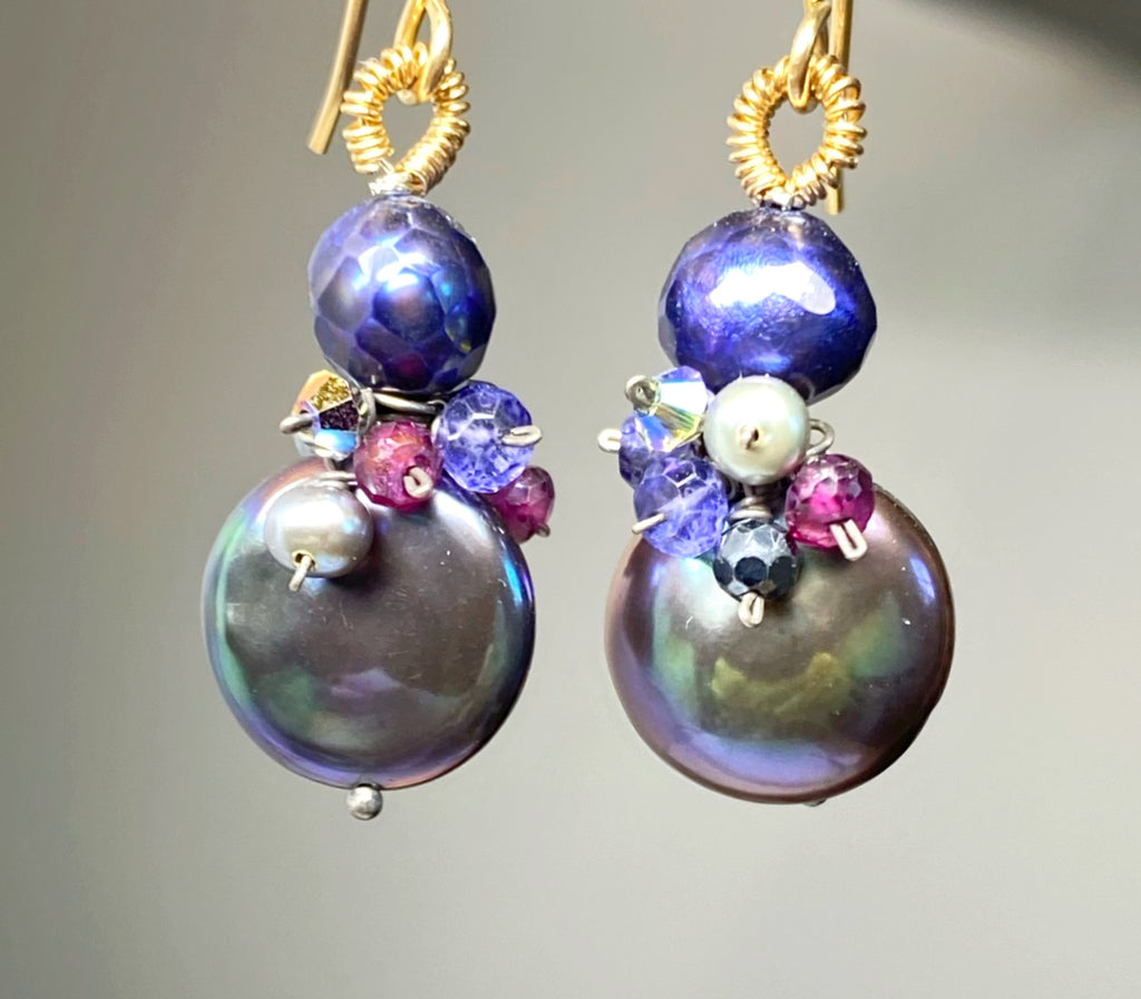 Peacock Coin Pearl Earrings with Faceted Blue Pearls