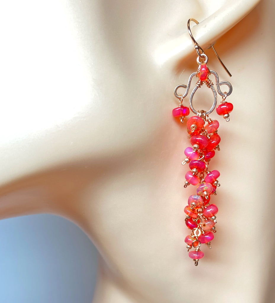 Padparadscha Ethiopian Opals Long Cluster Dangle Earrings Rose Gold 2