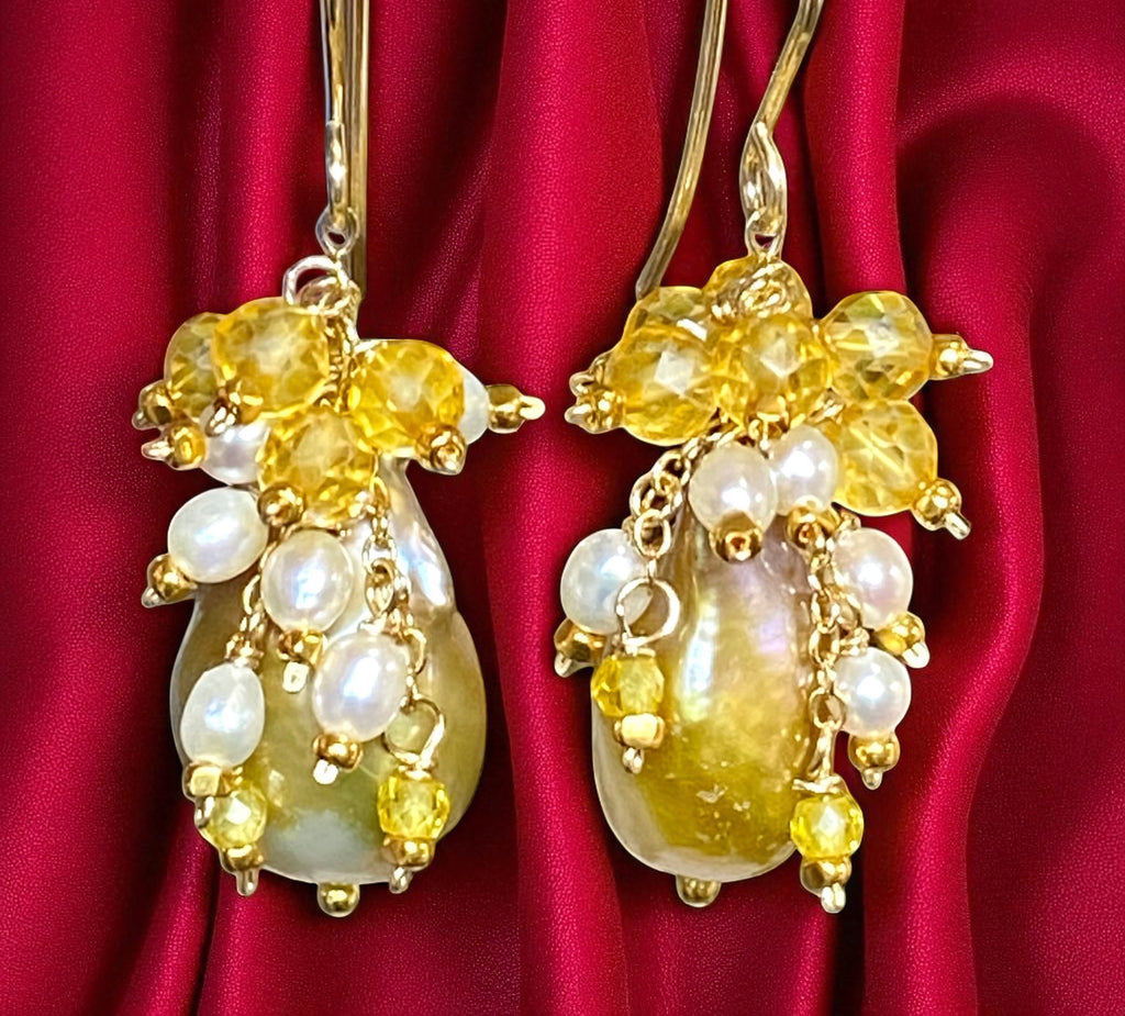 Citrine and Pond Slime Baroque Pearl Earrings Gold Fill