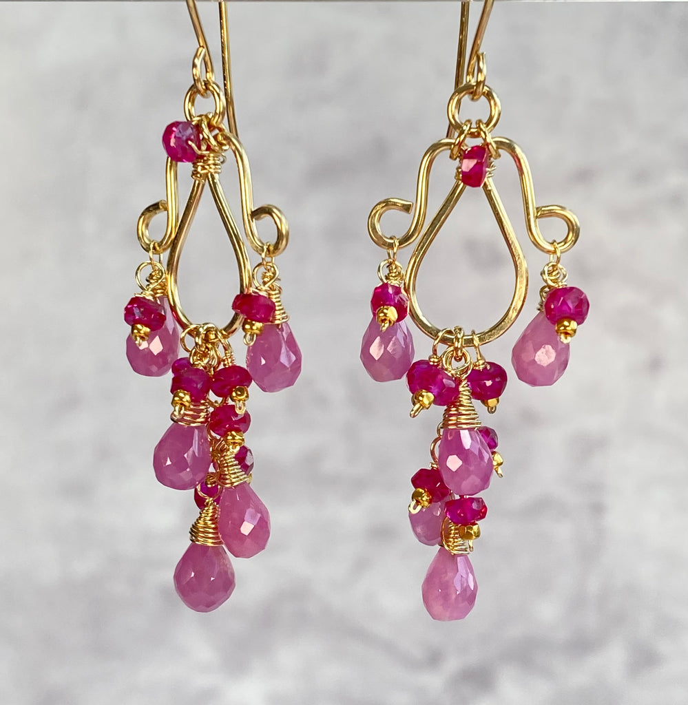 Pink Sapphire and Ruby Chandelier Earrings in Gold Fill