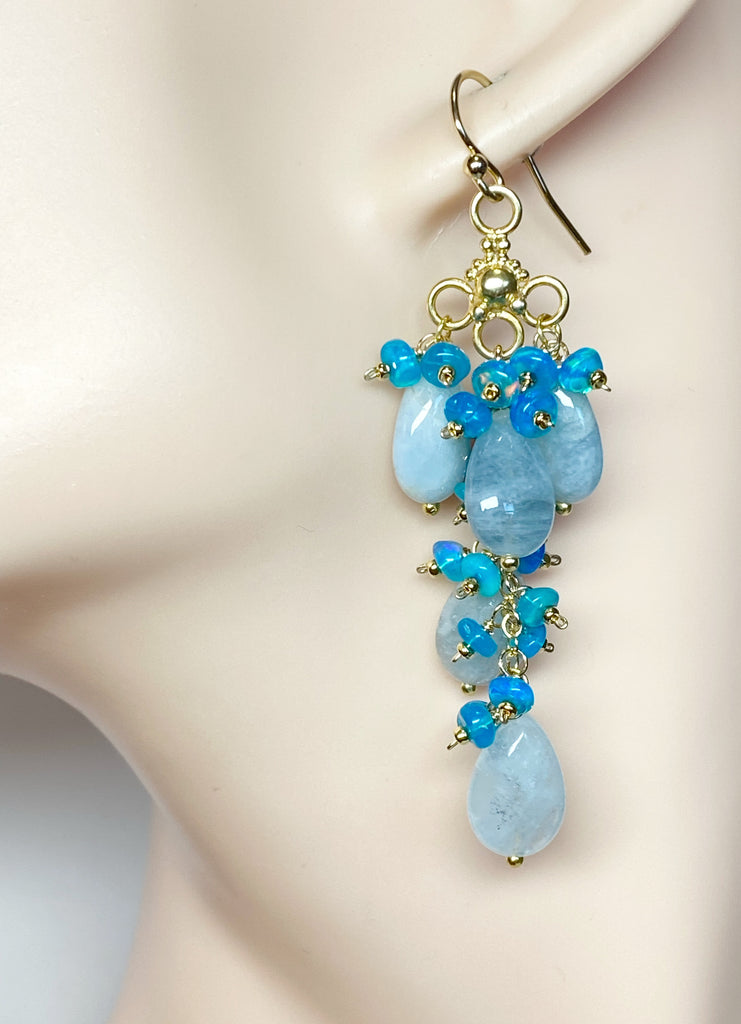 Blue Aquamarine and Teal Blue Opal Long Gem Dangle Chandelier Earrings