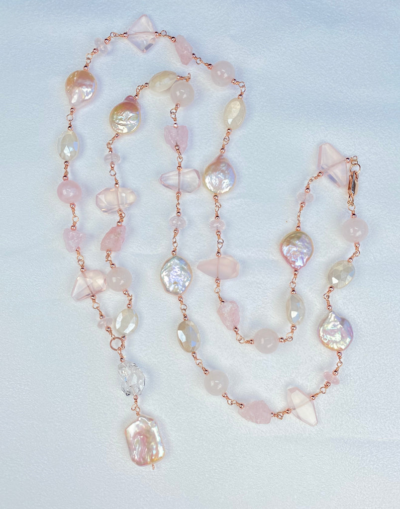 Blush Pink Coin Pearl Long Sautoir Necklace — Rose Gold Fill, Rose Quartz & Morganite