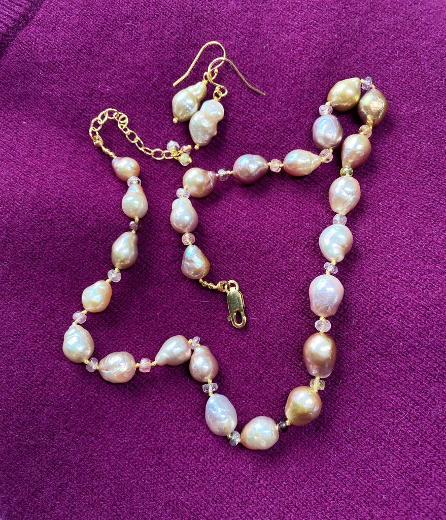 Baroque Metallic Pearl Necklace with Spinel Gemstones, Silk Knotted, Gold Fill