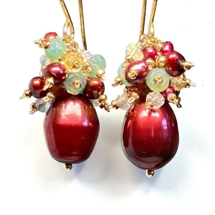 Red Pearl Gemstone Cluster Earrings, Gold Fill