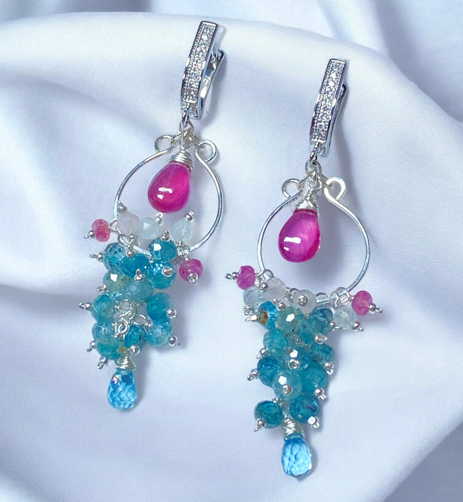 Blue Aquamarine, Natural Blue Zircon, Pink Sapphire Chandelier Hoop Earrings Sterling Silver - Doolittle