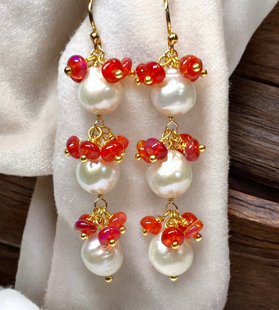 Pearl and Red Ethiopian Opal Long Dangle Earrings Gold