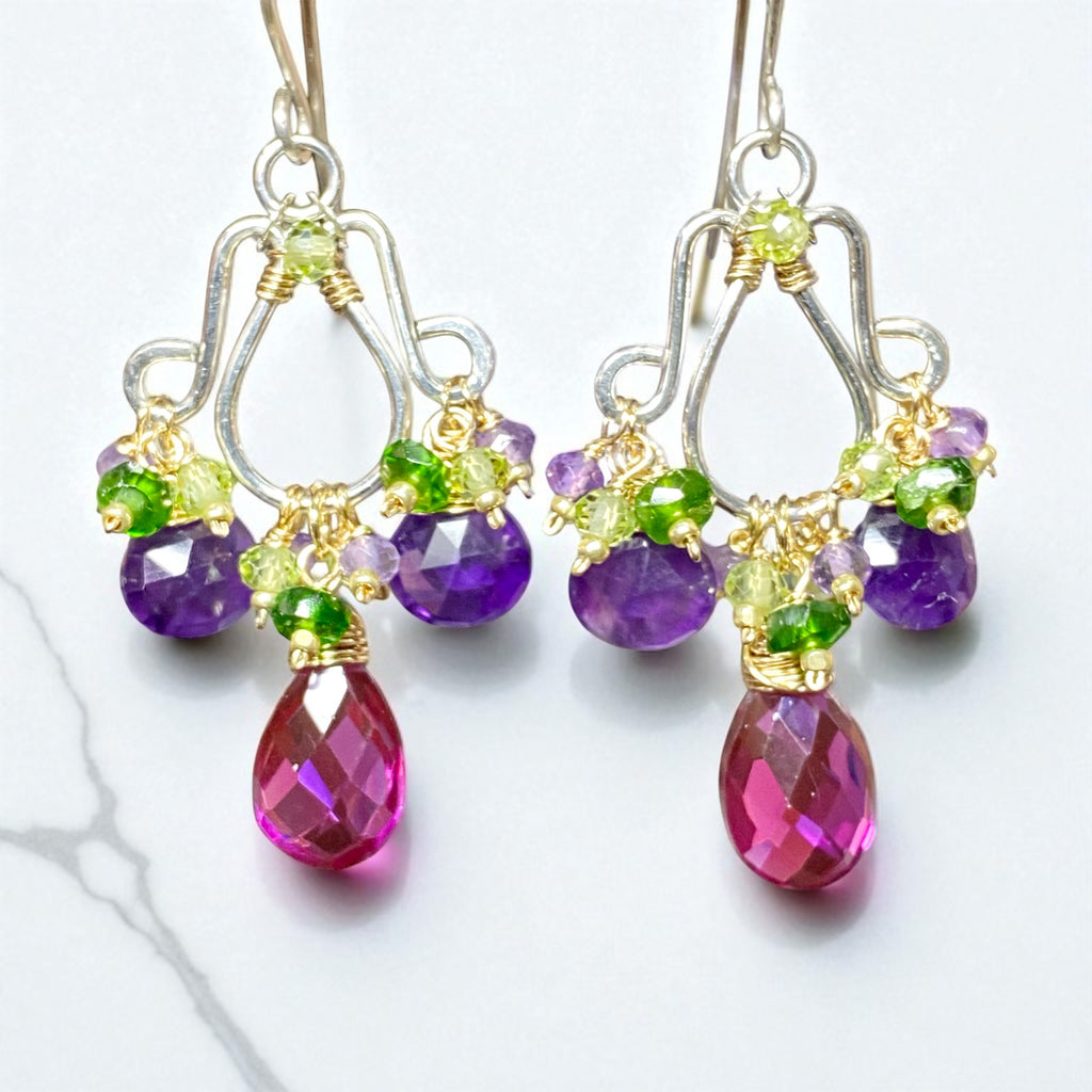 Amethyst, Rhodolite Mixed Metal Chandelier Earrings - Purple, Violet, Green