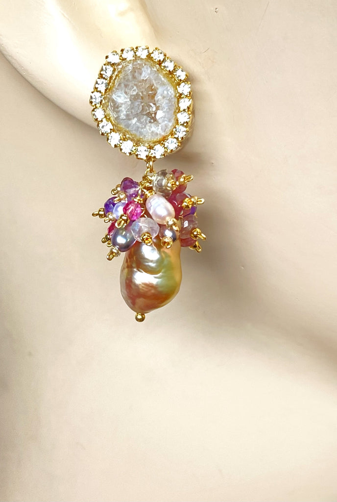 Tabasco Geode and Pink Baroque Pearl Cluster Post Earrings