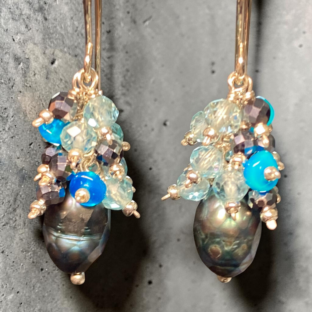 Petite Peacock Pearl Cluster Earrings — Teal Blue Opal, Aqua Apatite, Mystic Black Terahertz