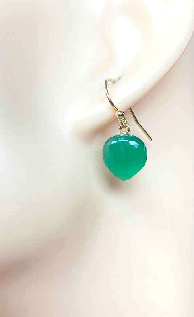 Green Onyx Gemstone Heart Dangle Earrings 14k Gold Fill