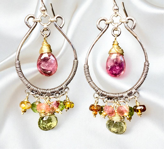 Pink and Green Tourmaline Mixed Metal Hoop Chandelier Earrings