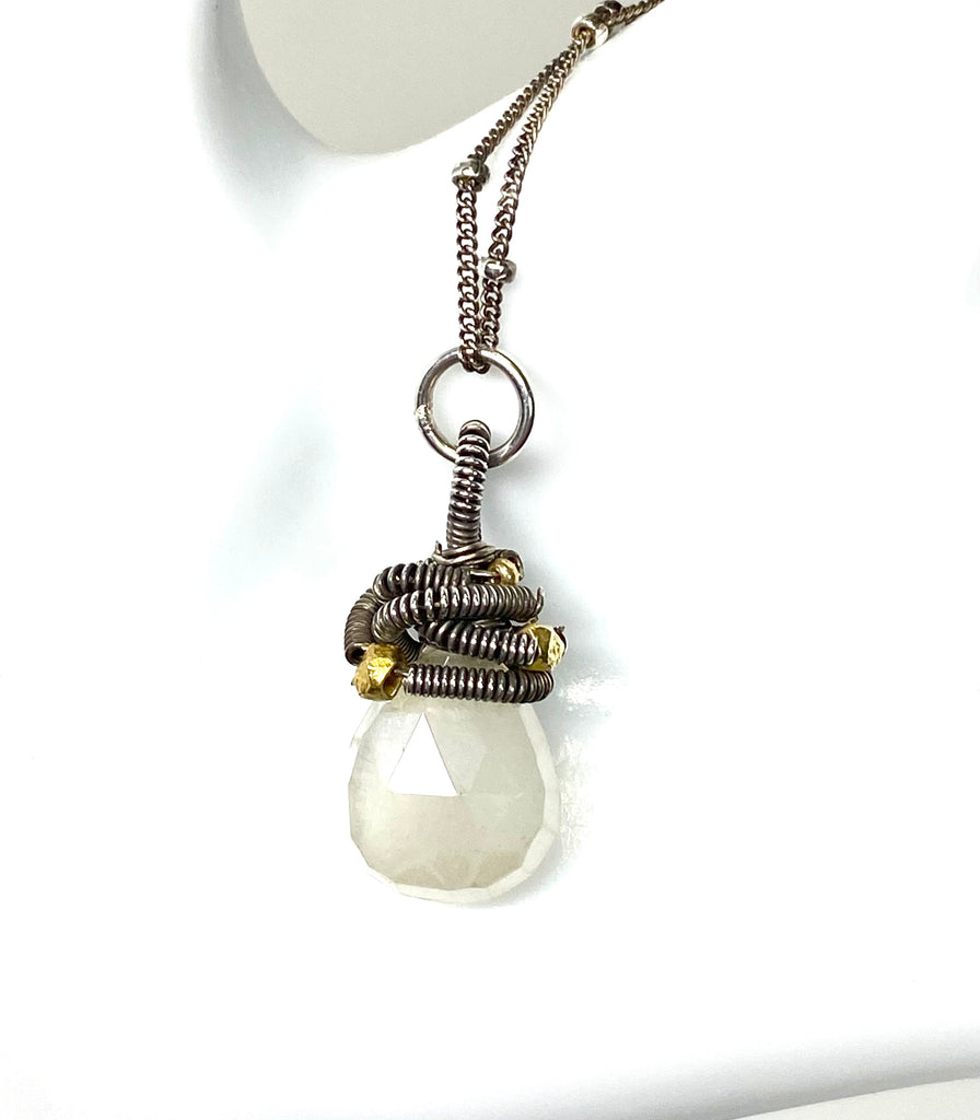 Mystic Ivory Chalcedony Mixed Metal Necklace Earrings Set