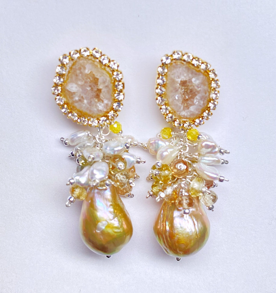 Tabasco Geode and Golden Baroque Pearl Cluster Post Earrings