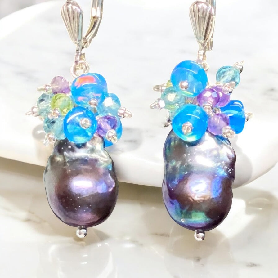 Baroque Peacock Pearl Cluster Earrings, Peridot, Amethyst, Opal, Sterling Silver