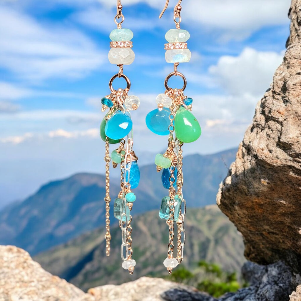 Rose Gold Long Boho Dangle Earrings Mixed Metal with Chrysoprase, Blue Chalcedony and Moonstone