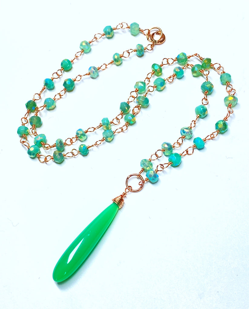 Green Crysoprase, Rose Gold Wire Wrapped Pendant Necklace
