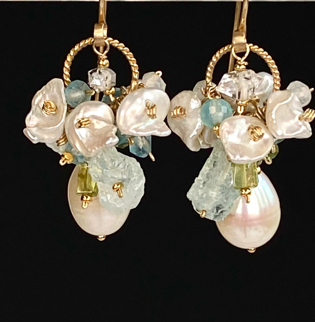 Ivory Baroque Pearl Earrings Clusters of Aquamarine, Peridot, Herkimer Diamond Quartz