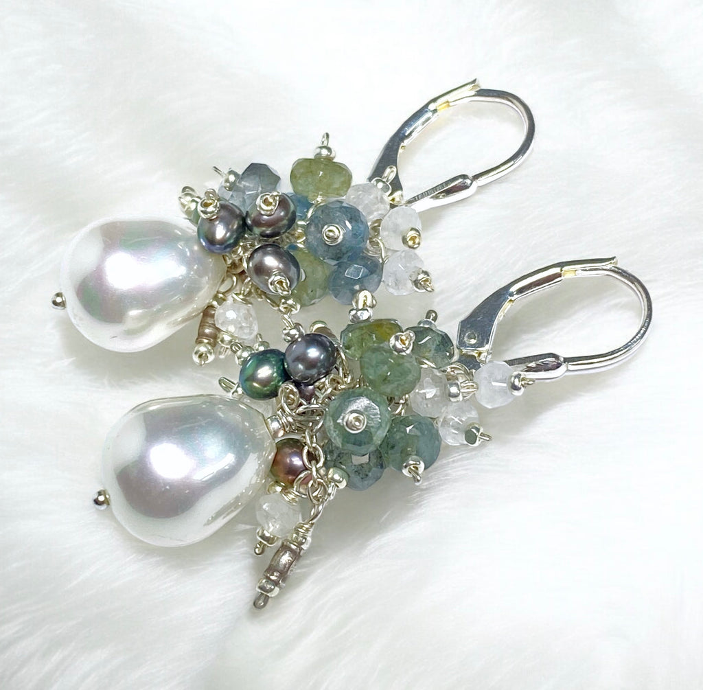 Moss Aquamarine and Pearl Cluster Earrings, Sterling Silver