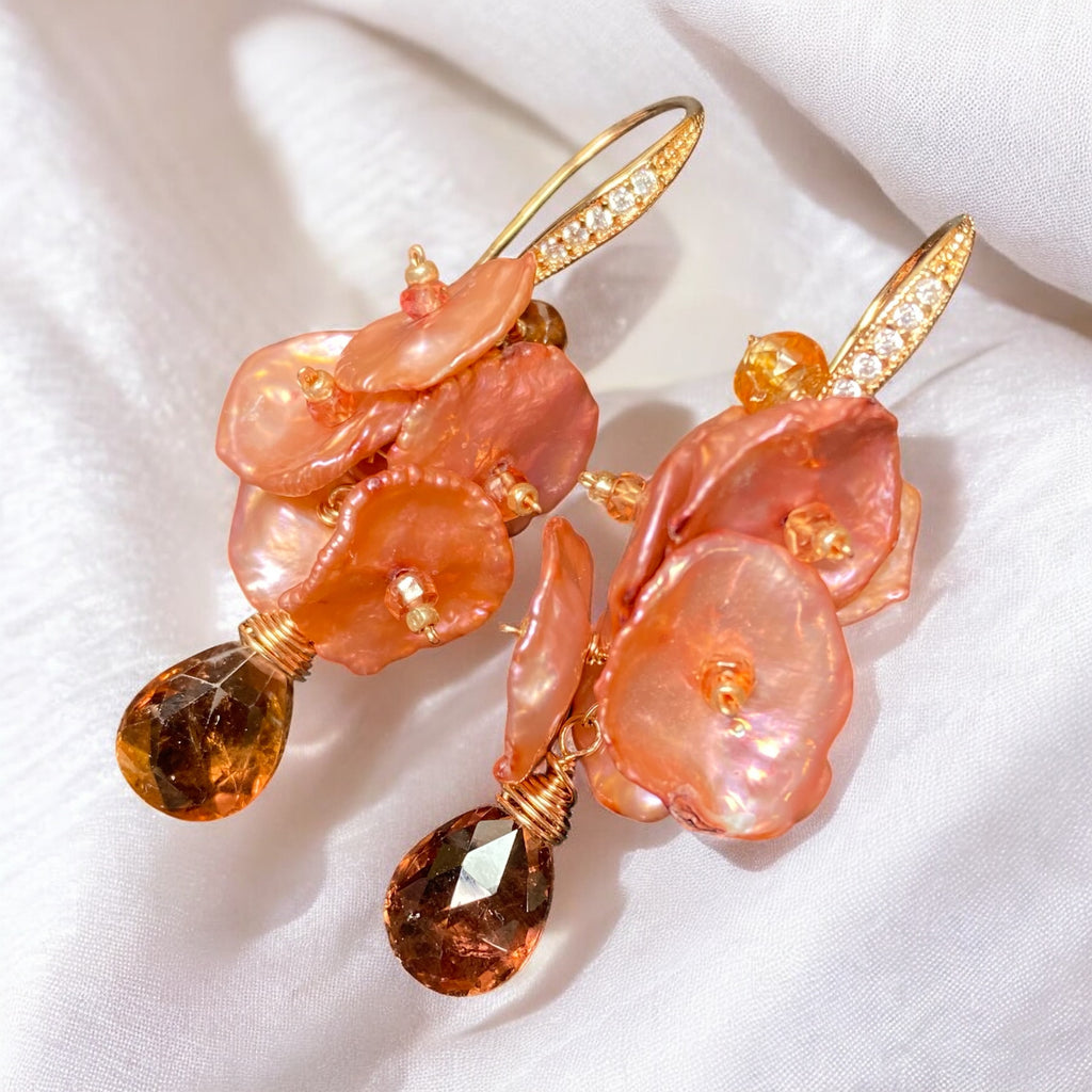 Tourmaline, Sapphire and Coral Keishi Pearl Cluster Earrings Rose Gold