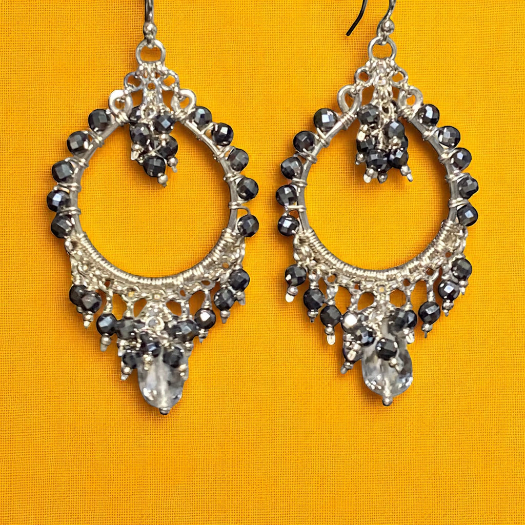 Black Gemstone Chandelier Hoop Earrings Sterling Silver