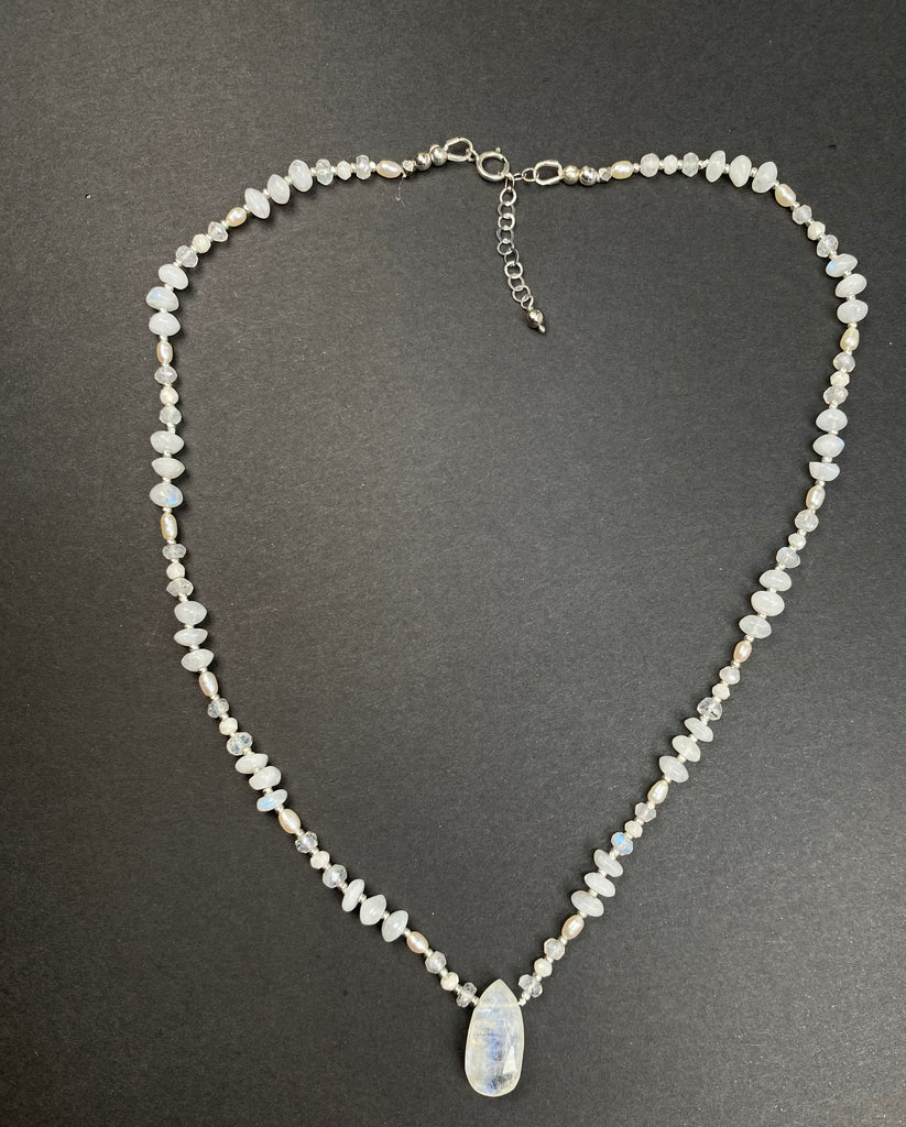 Moonstone, Pearl Pendant Necklace Sterling Silver