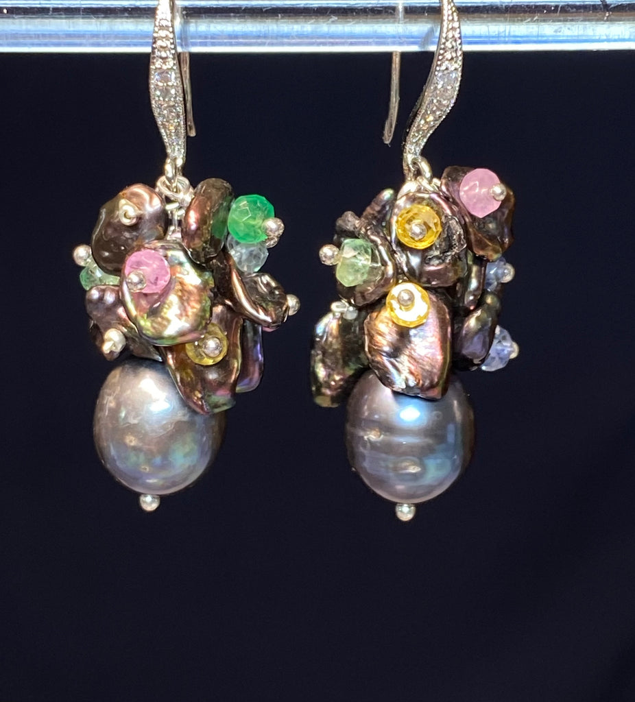 Black Pearl and Sapphire Cluster Wedding Earrings - Doolittle