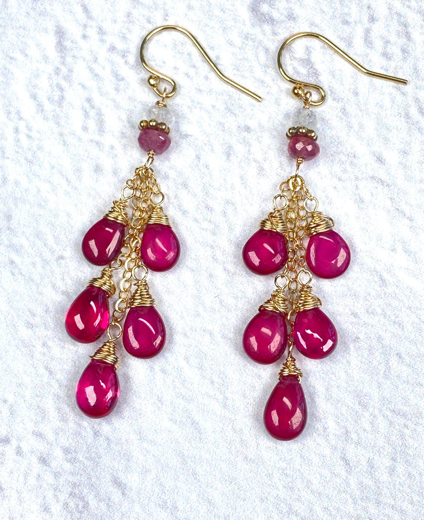 Pink Rubellite Tassel Earrings, Gold Fill