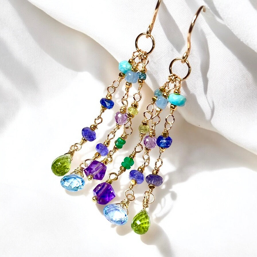 Peridot, Blue Topaz, Amethyst, Multi Gemstone Dangle Earrings