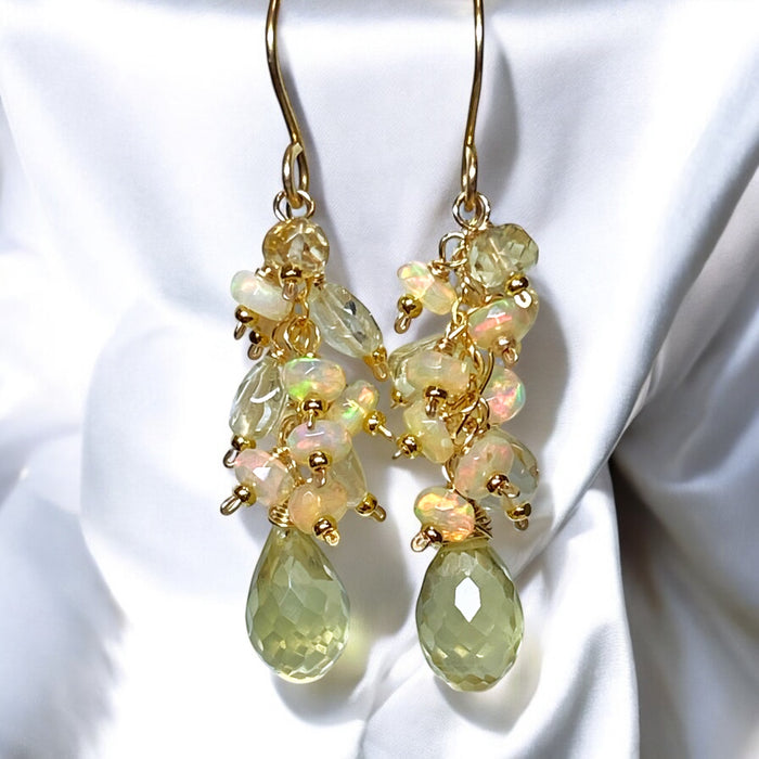 Yellow Lemon Quartz and Ethiopian Opal Dangle Earrings Gold