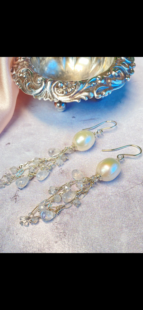 Pearl Moonstone Bridal Dangle Earrings Sterling Silver with Herkimer Diamonds