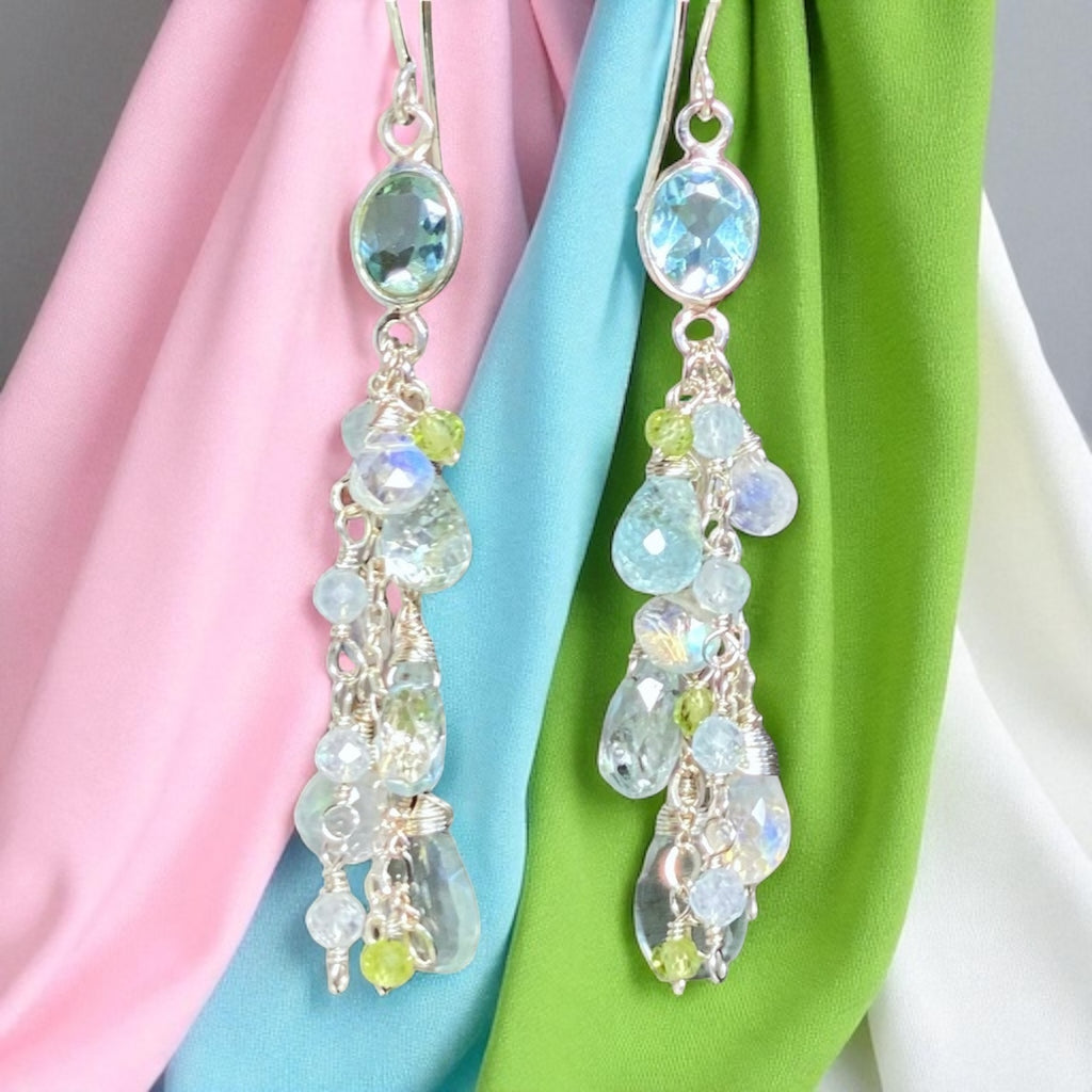 Blue Topaz, Peridot Long Gem Dangle Earrings Sterling Silver
