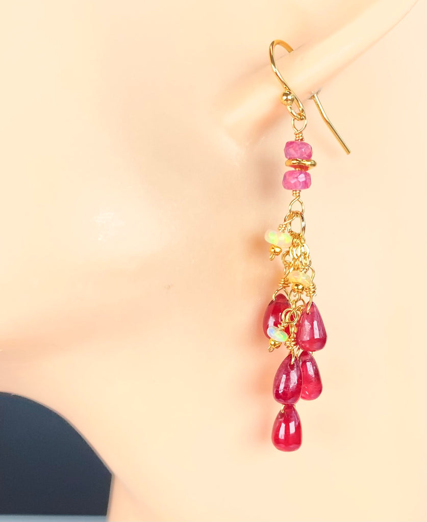 Pink Sapphire and Opal Tassel Earrings, Gold Fill
