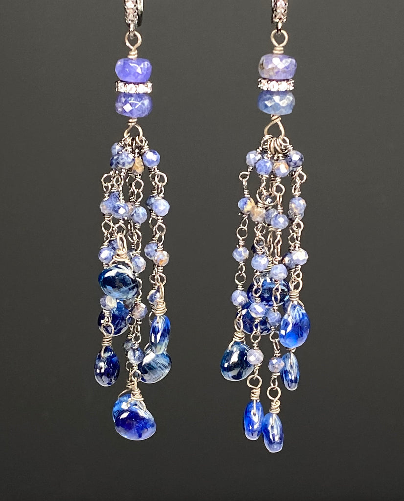 Blue Sapphire Kyanite Boho Tassel Earrings in Oxidized Sterling Silver