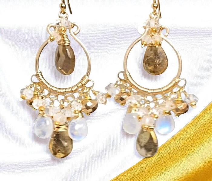 Rainbow Moonstone Gold Labradorite Chandelier Hoop Earrings Gold Fill