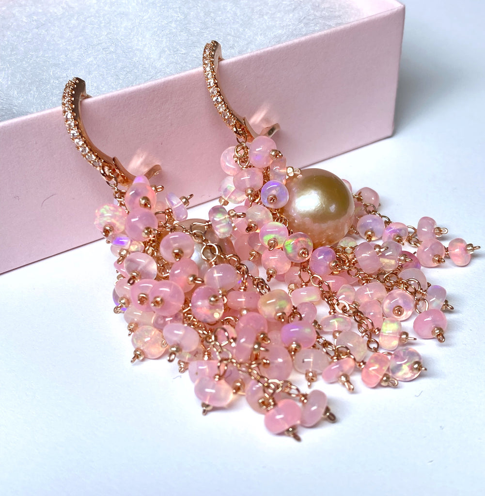 Pink Pearl, Pink Opal Statement Cluster Dangle Earrings, Rose Gold