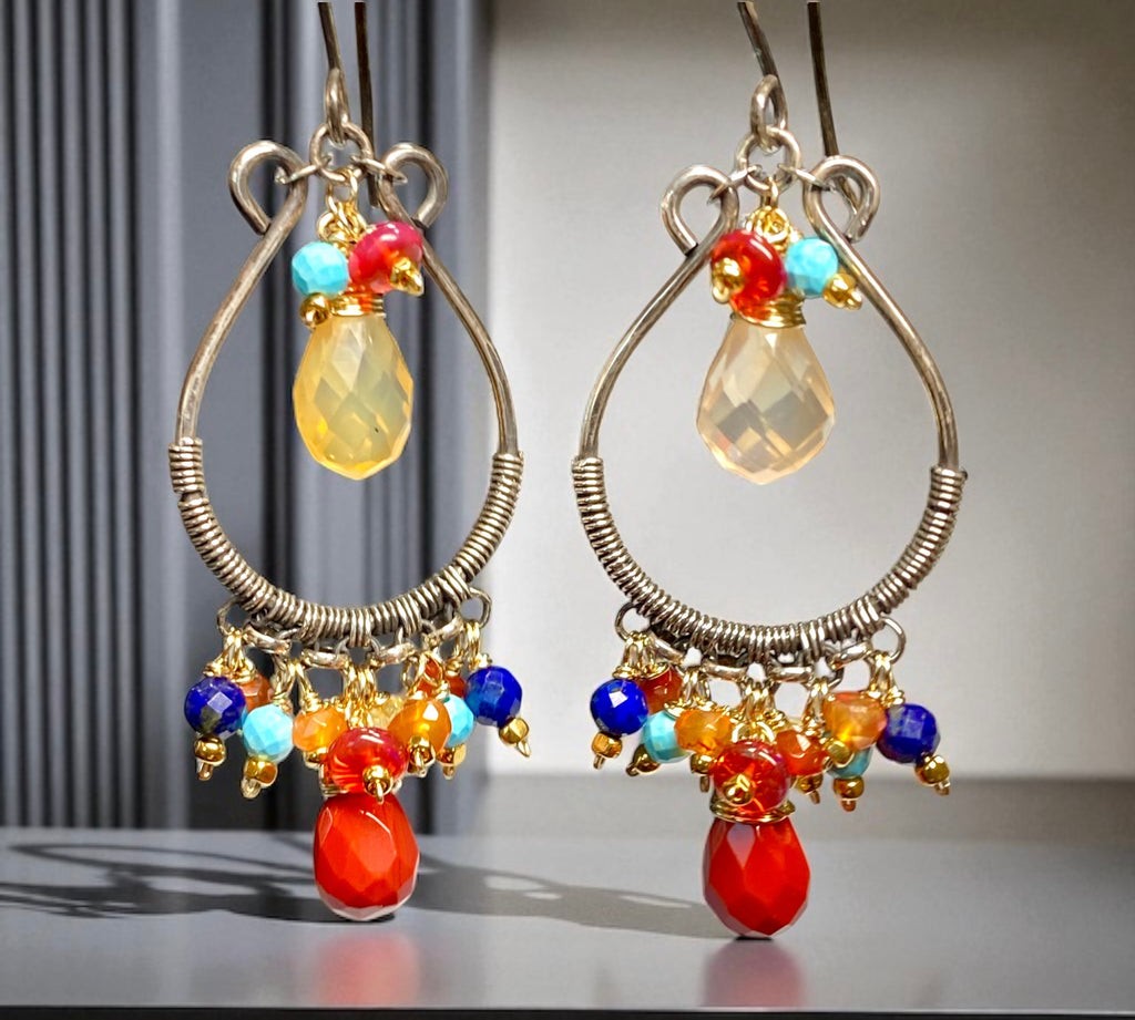 Multi Gemstone Hoop Chandelier Earrings, Mexican Fire Opal, Mixed Metals 3