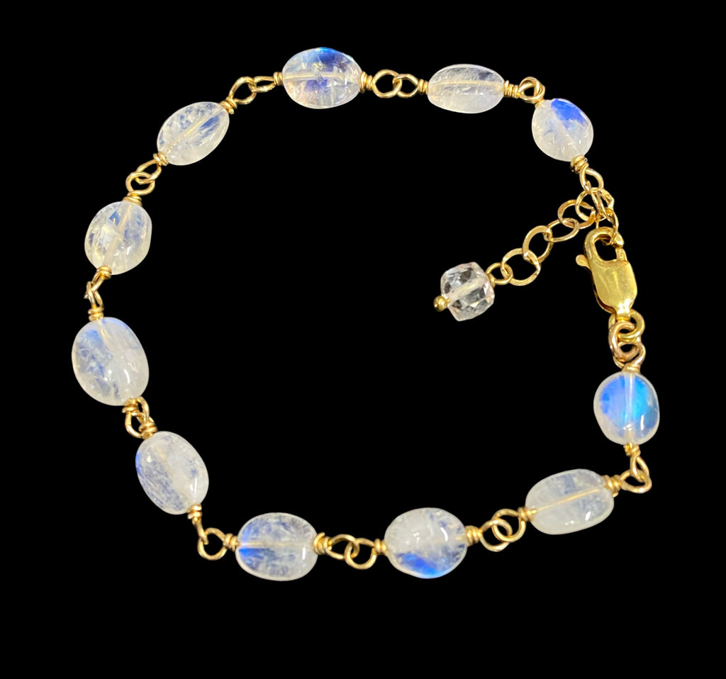 Rainbow Moonstone Wire Wrapped Bracelet, Gold Fill