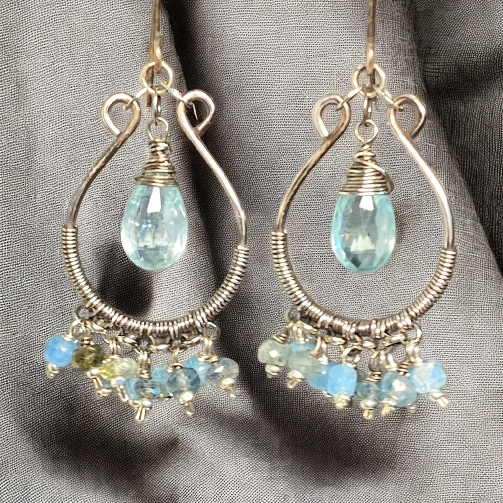 Aquamarine Oxidized Sterling Silver Hoop Chandelier Earrings