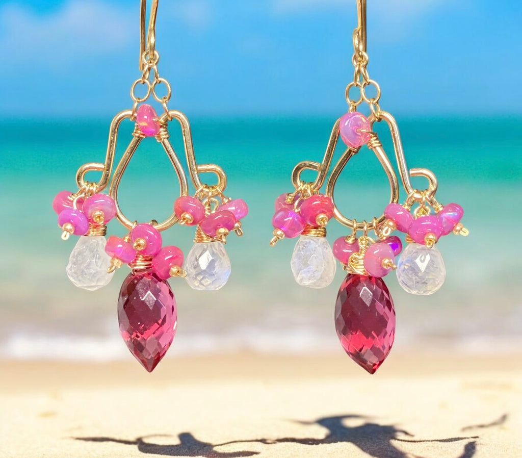 Rubellite Pink Quartz Moonstone Chandelier Earrings Pink Opals, Gold Fill