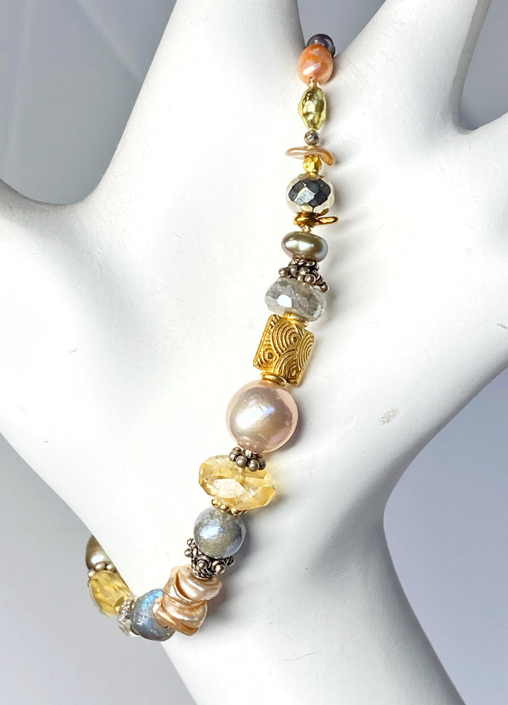 Citrine, Pearl, Labradorite Bracelet Gold and Silver, Mixed Metals