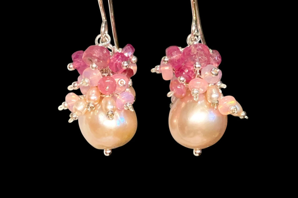 Pink Pearl Earrings with Pink Sapphire and Opal Clusters