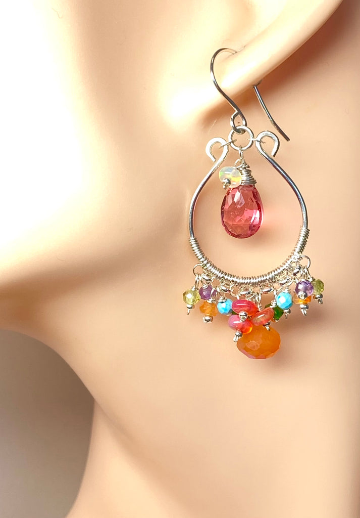 Pink, Orange, Multi Gemstone Sterling Silver Hoop Chandelier Earrings