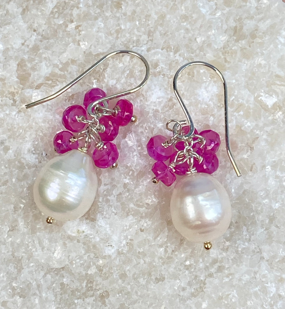 Pearl Cluster Earrings with Fuchsia Pink Sapphires, Sterling Silver