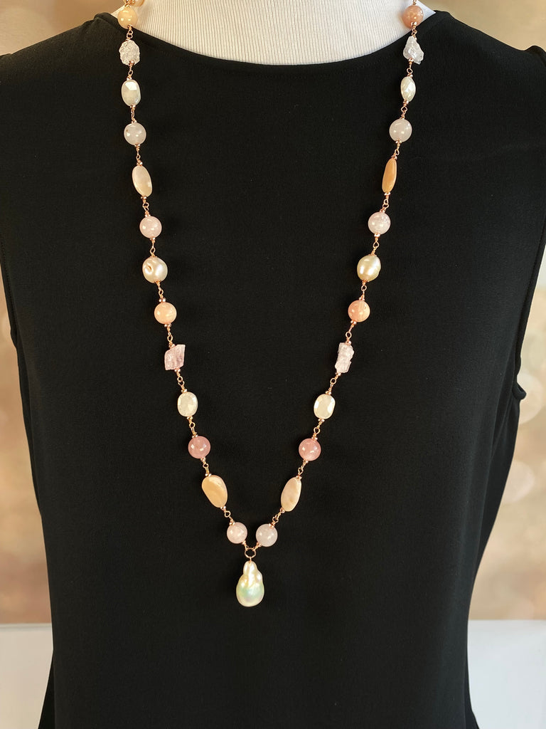 Pink Blush Pearl and Gemstone Long Pendant Necklace Rose Gold Fill Wire Wrap