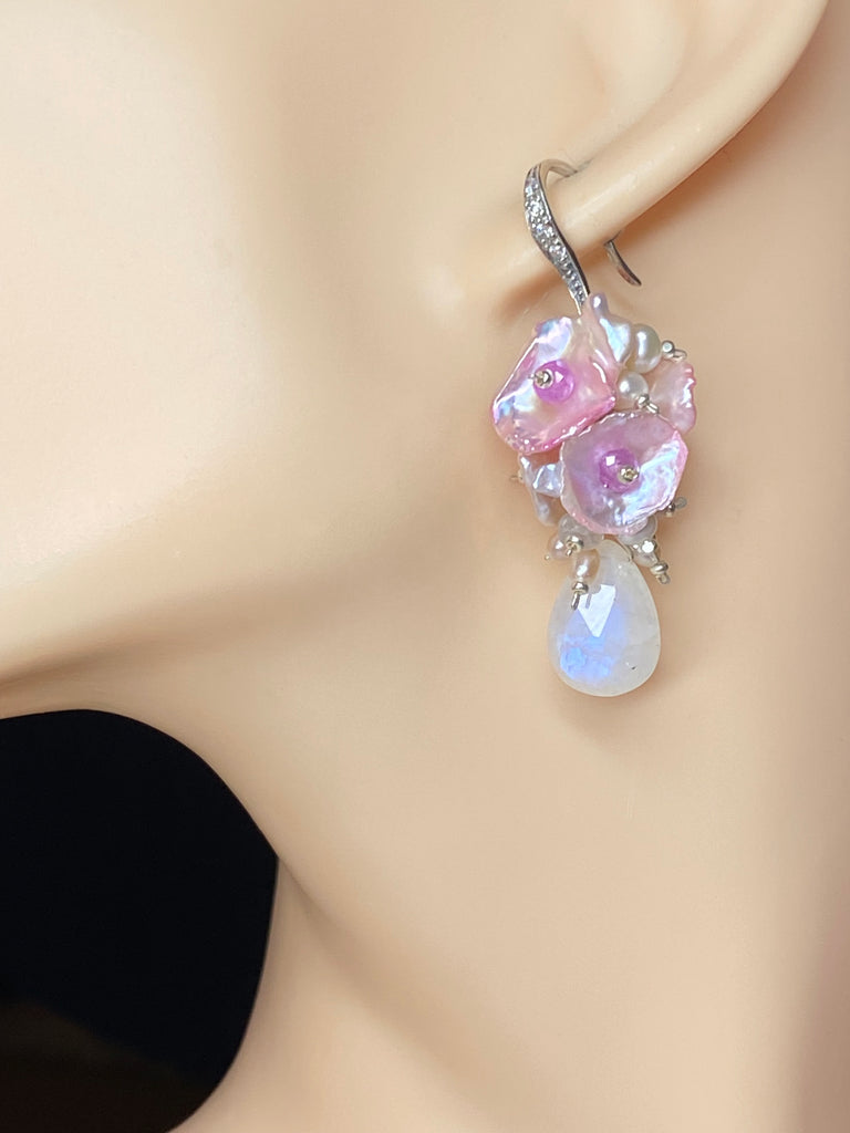 Moonstone, Pink Keishi Pearl, Pink Sapphire Cluster Earrings - Doolittle