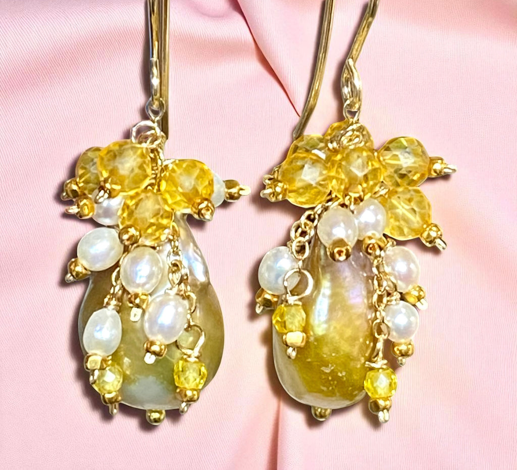 Citrine and Pond Slime Baroque Pearl Earrings Gold Fill