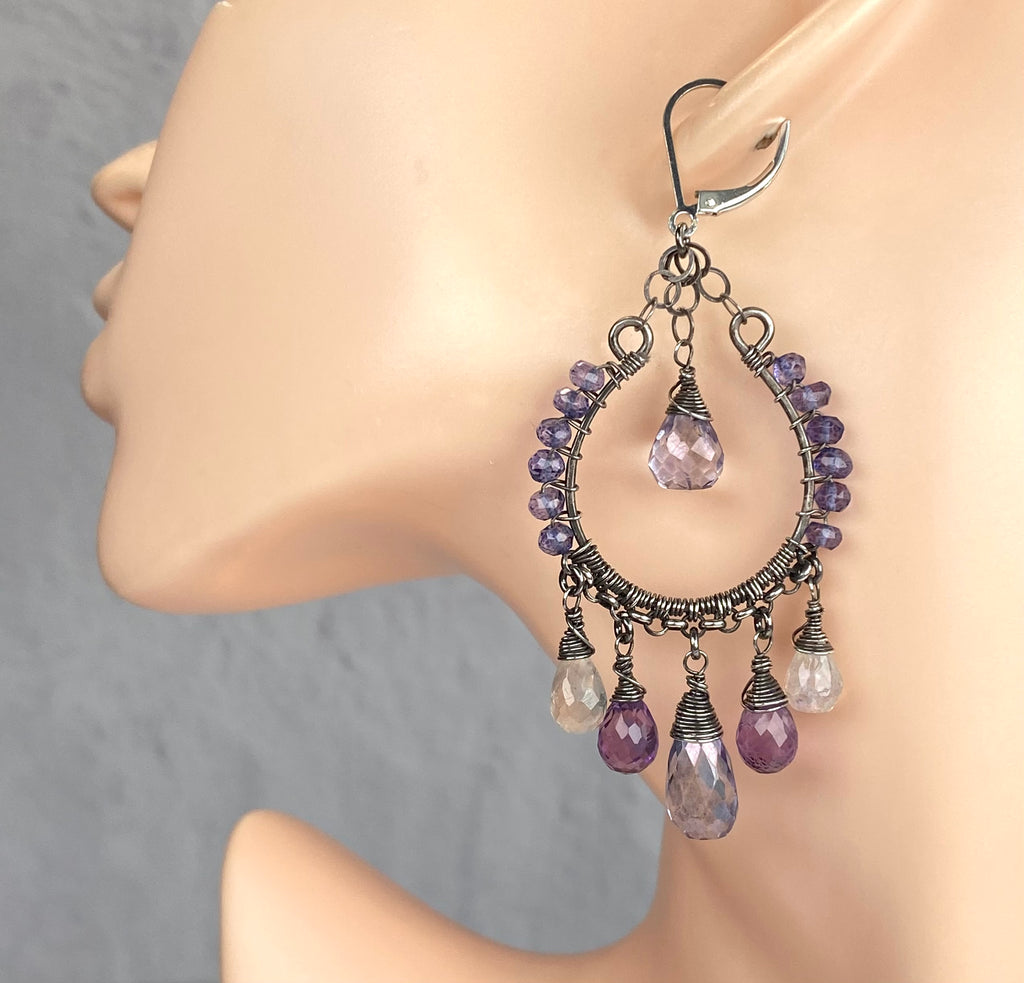 Blue Violet Gemstone Hoop Earrings — Moonstone & Amethyst, Oxidized Sterling Silver