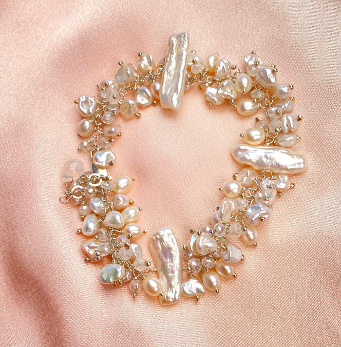 Keishi Pearl Bridal Bracelet Sterling Silver Mystic Crystal Pearl Cluster