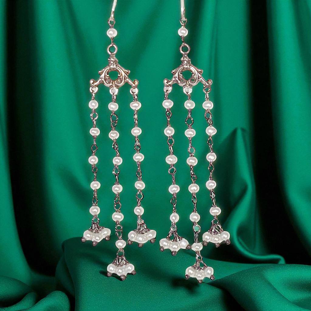 Long Pearl Chandelier Earrings Oxidized Silver Shoulder Dusters